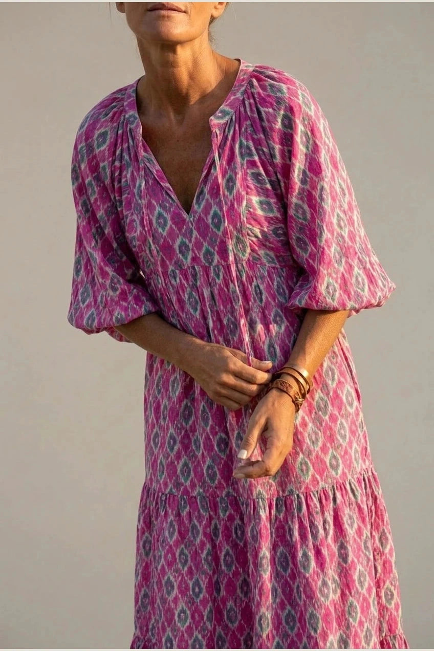 V Neck Tiered Maxi Smock Dress With Balloon Sleeves