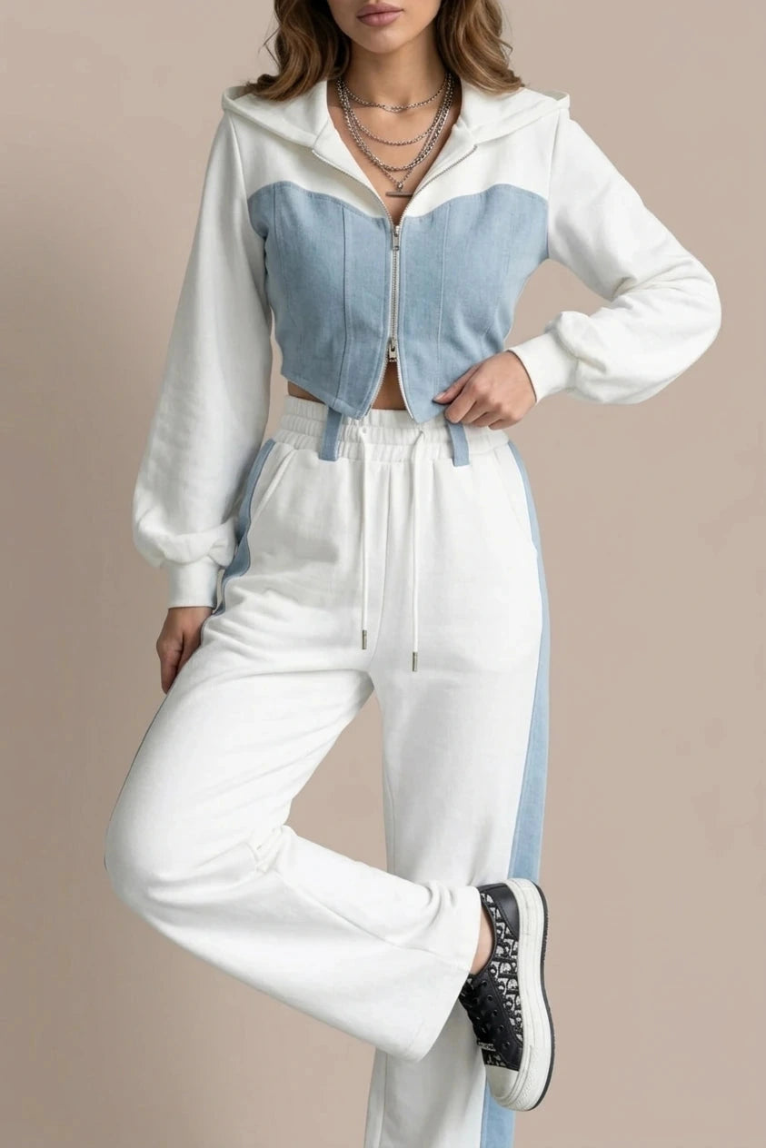 Cropped Zip Hoodie Wide Leg Sweatpants Denim Splice Two-Piece Hoodie & Sweatpant Set