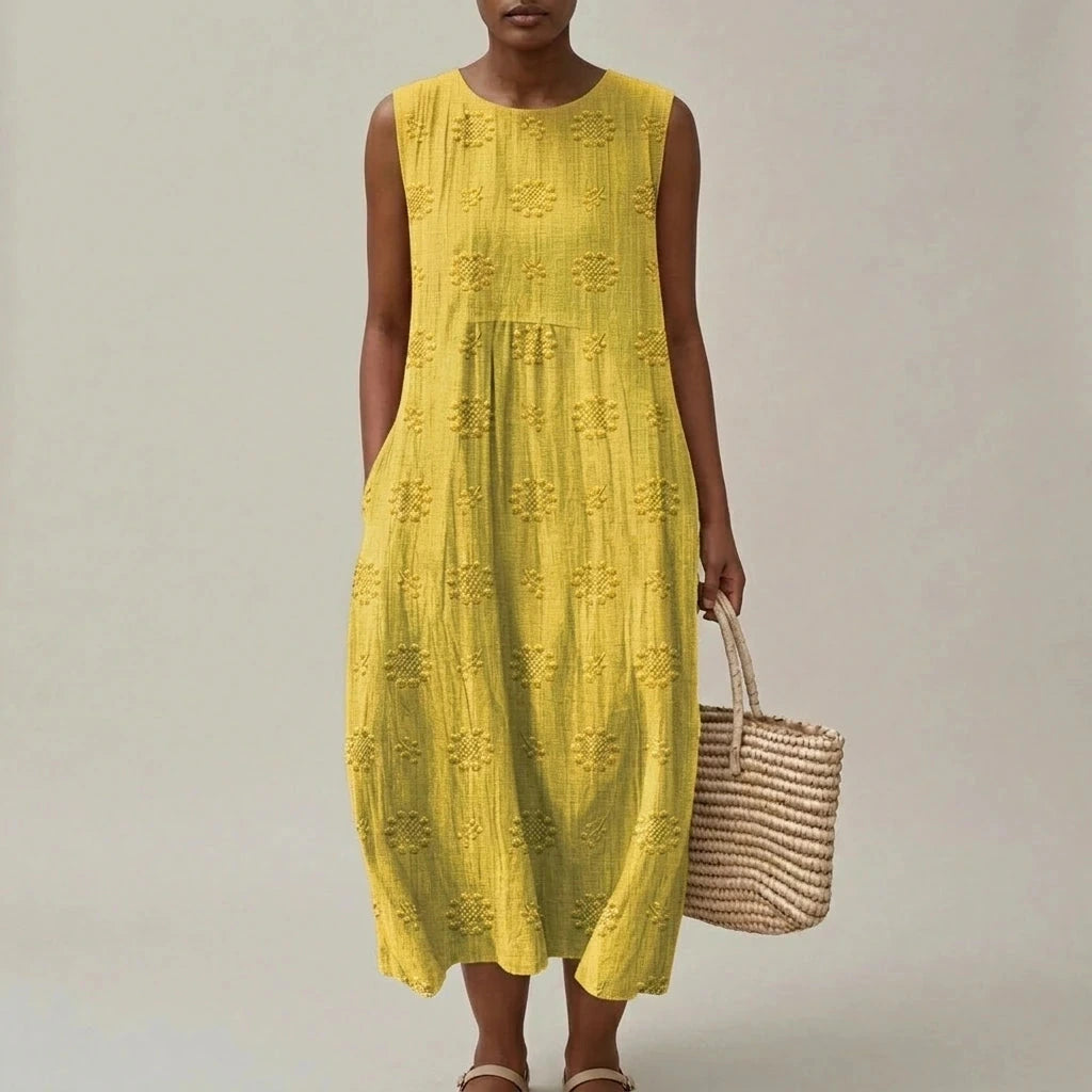 Sleeveless Elegant Midi Dress With Pockets And Floral Embroidery