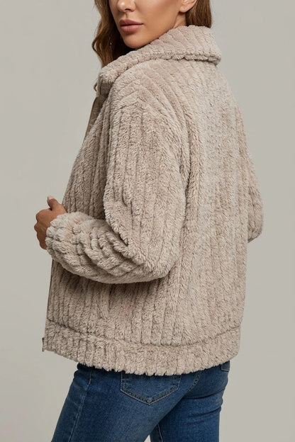 Cosy Teddy Fleece Jacket with Wide Collar and Ribbed Texture — variant_front
