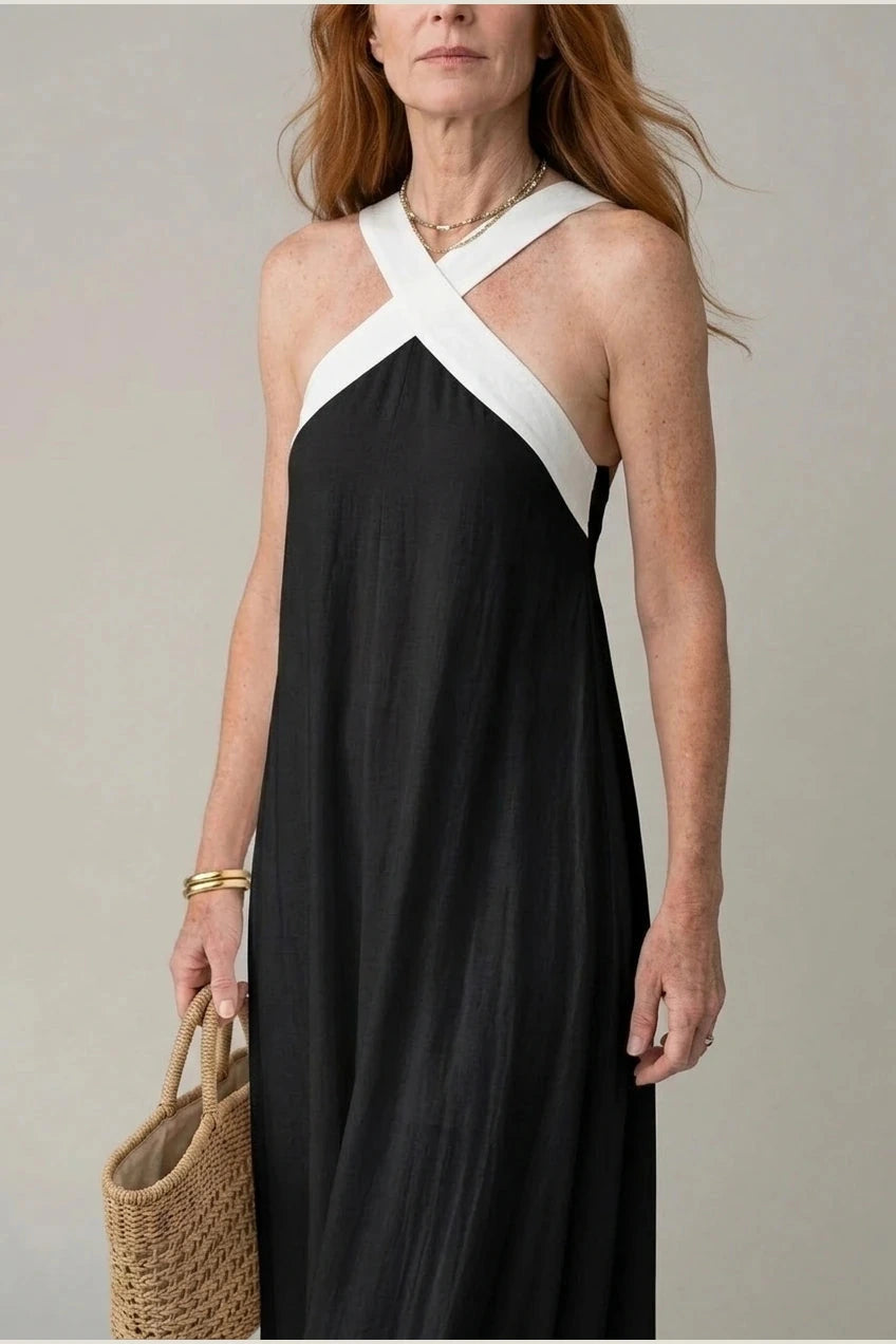 Crisscross Halter Neck Contrast Strap Sleeveless Maxi Dresses