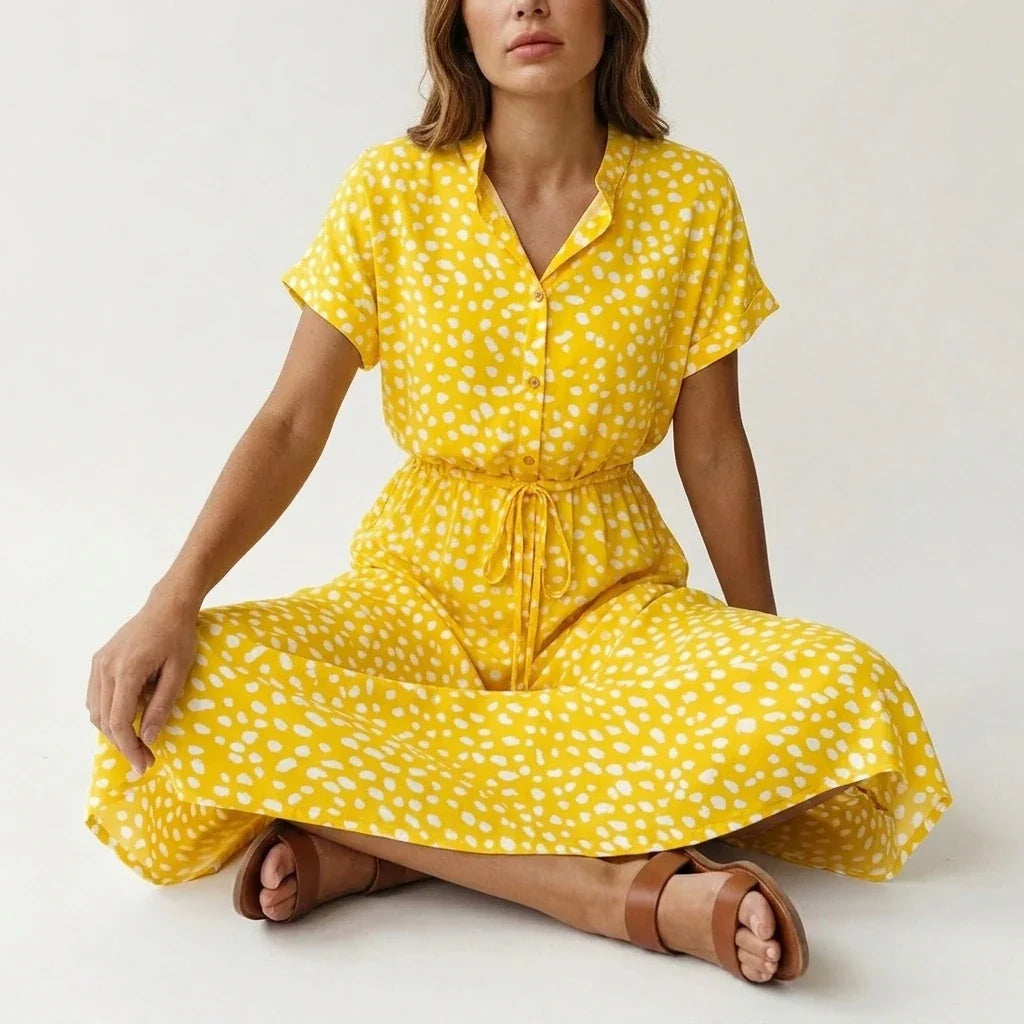 Women's Midi Dress with Button Front and Drawstring Waist — variant_front