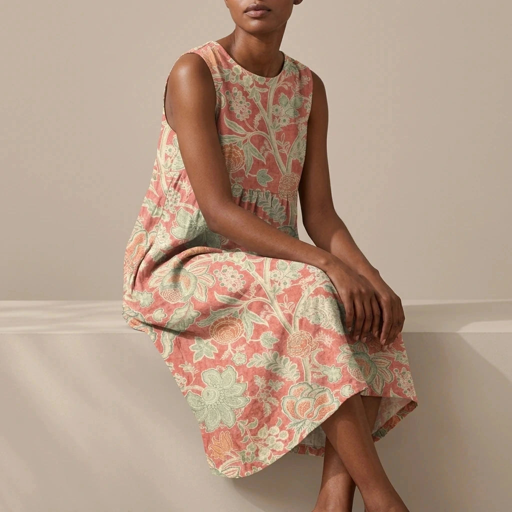 Sleeveless Dress With Premium Blend And Loose Fit — Midi With Pockets & Round Neck