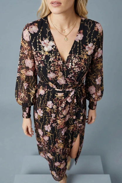 Foiled Floral Print Wrap Midi Dress With Belted Waist And Long Sleeves