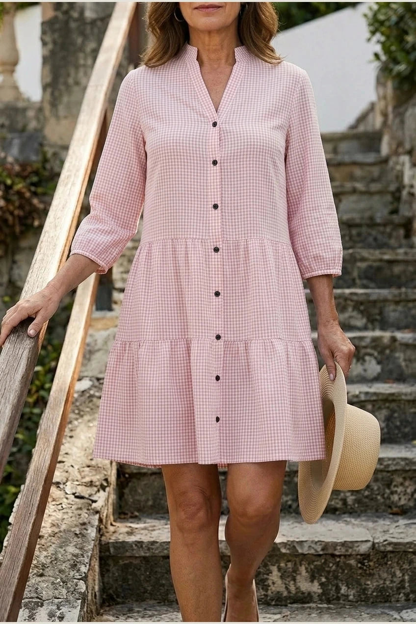 Button Front Gingham Tiered Dress With V Neck And Three-Quarter Sleeves