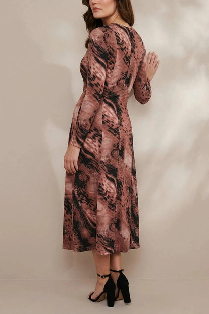 Abstract Long Sleeve Flared Midi Dress With Crew Neck