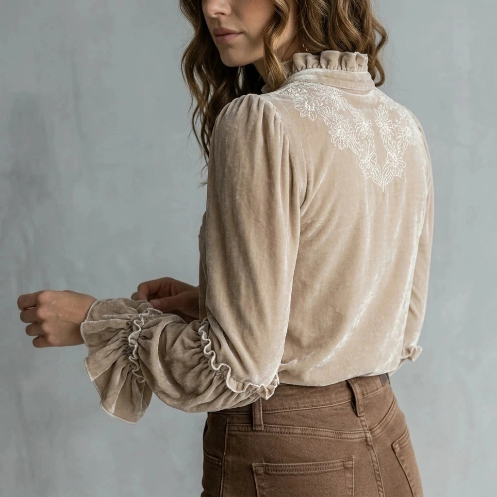 Embroidered Velvet Blouse Lace-Trimmed Romantic Floral Statement Top