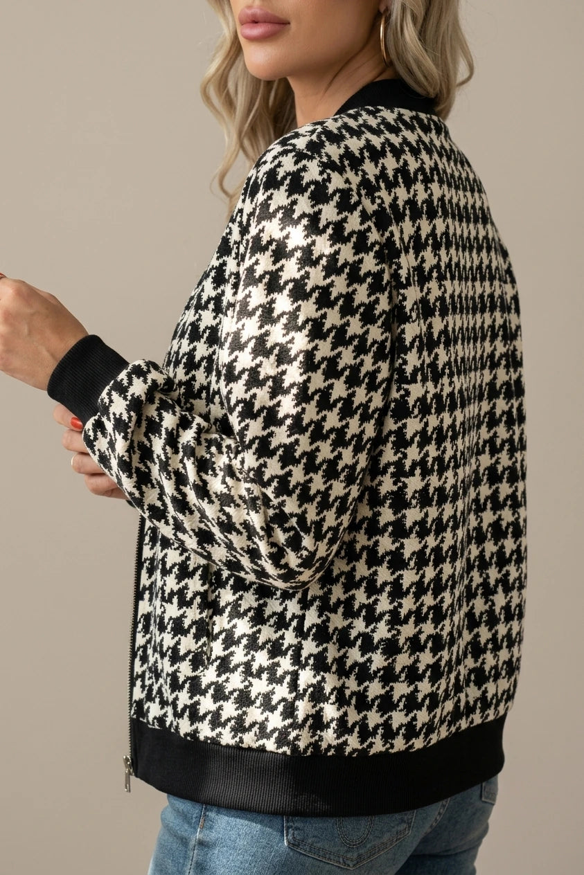 Chic Houndstooth Bomber Jacket with Black Ribbed Trim — variant_front