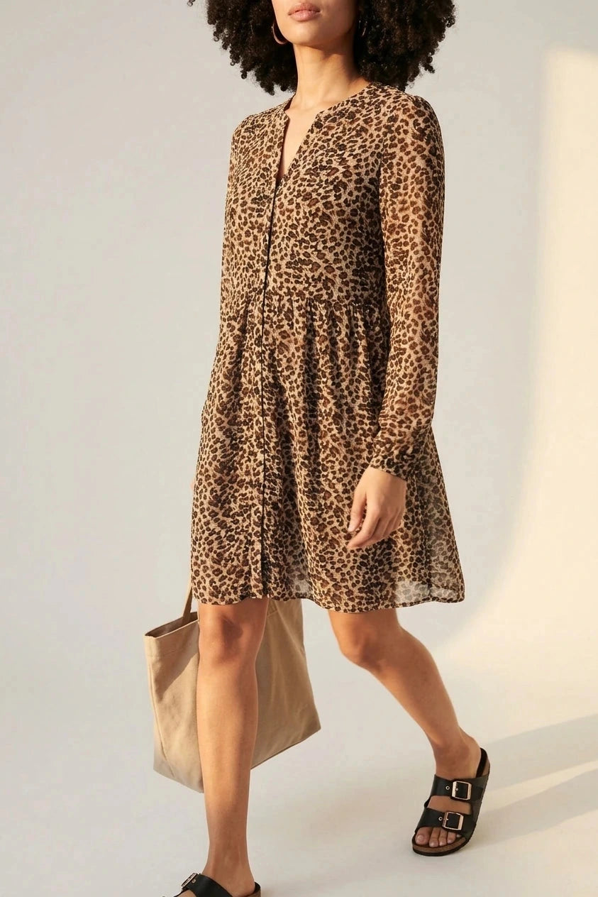 Animal Print Long Sleeve Short Dress V-Neck Button-Front Tiered Mini