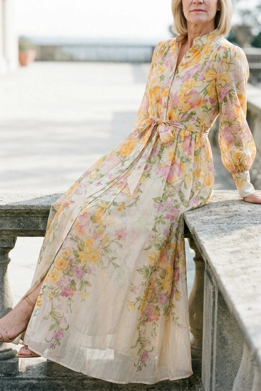 Floral Sheer Long Sleeve Maxi Dress With Tie Waist Button Front