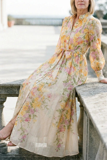 Floral Sheer Long Sleeve Maxi Dress With Tie Waist Button Front