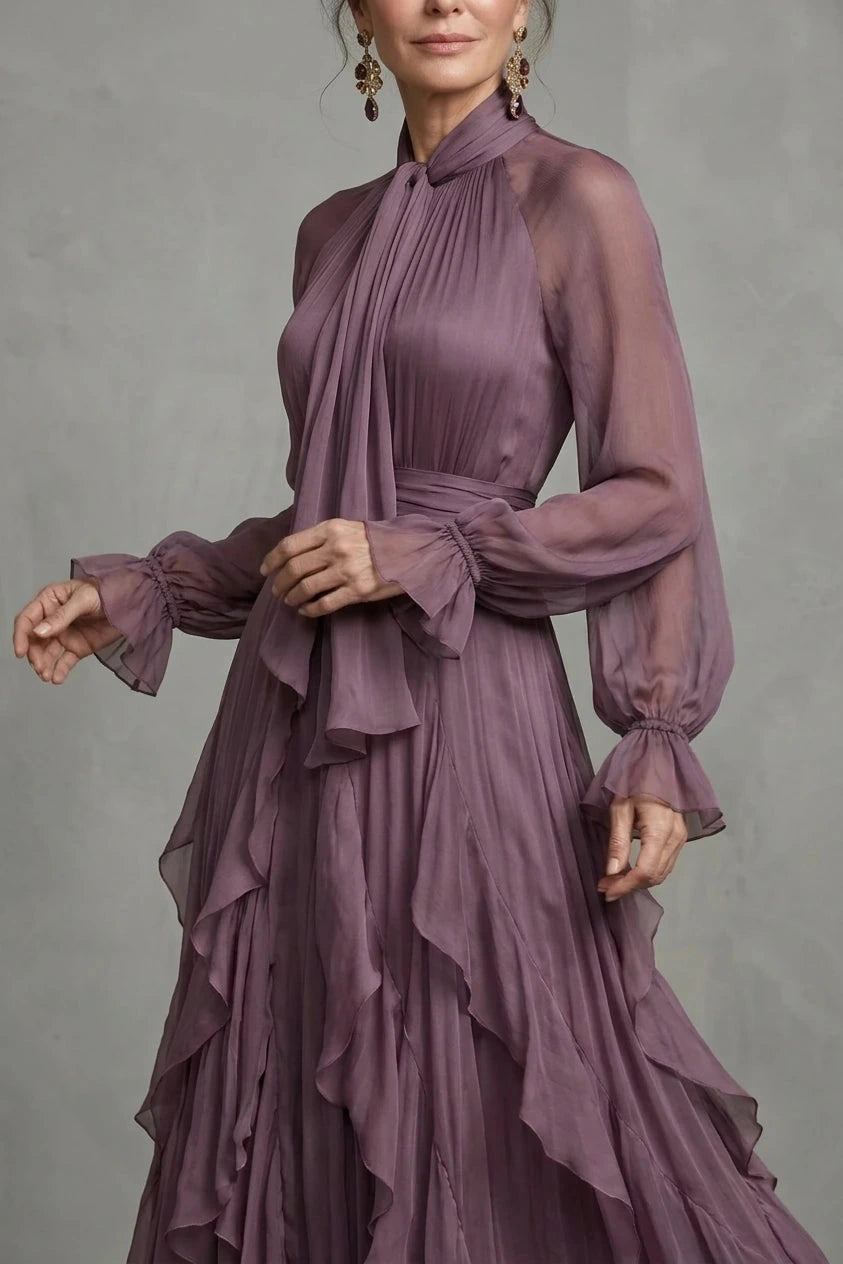 Tie Neck Ruffle Tiered Maxi Dress Long Sleeve High Neck Tie Detail