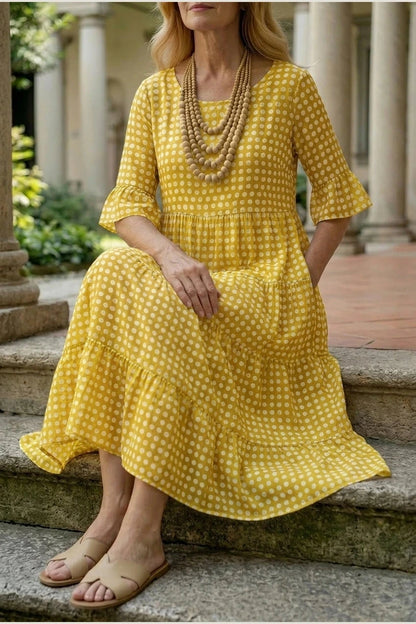 Polka Dot Tiered Midi Dress With Short Ruffle Sleeves And Square Neck