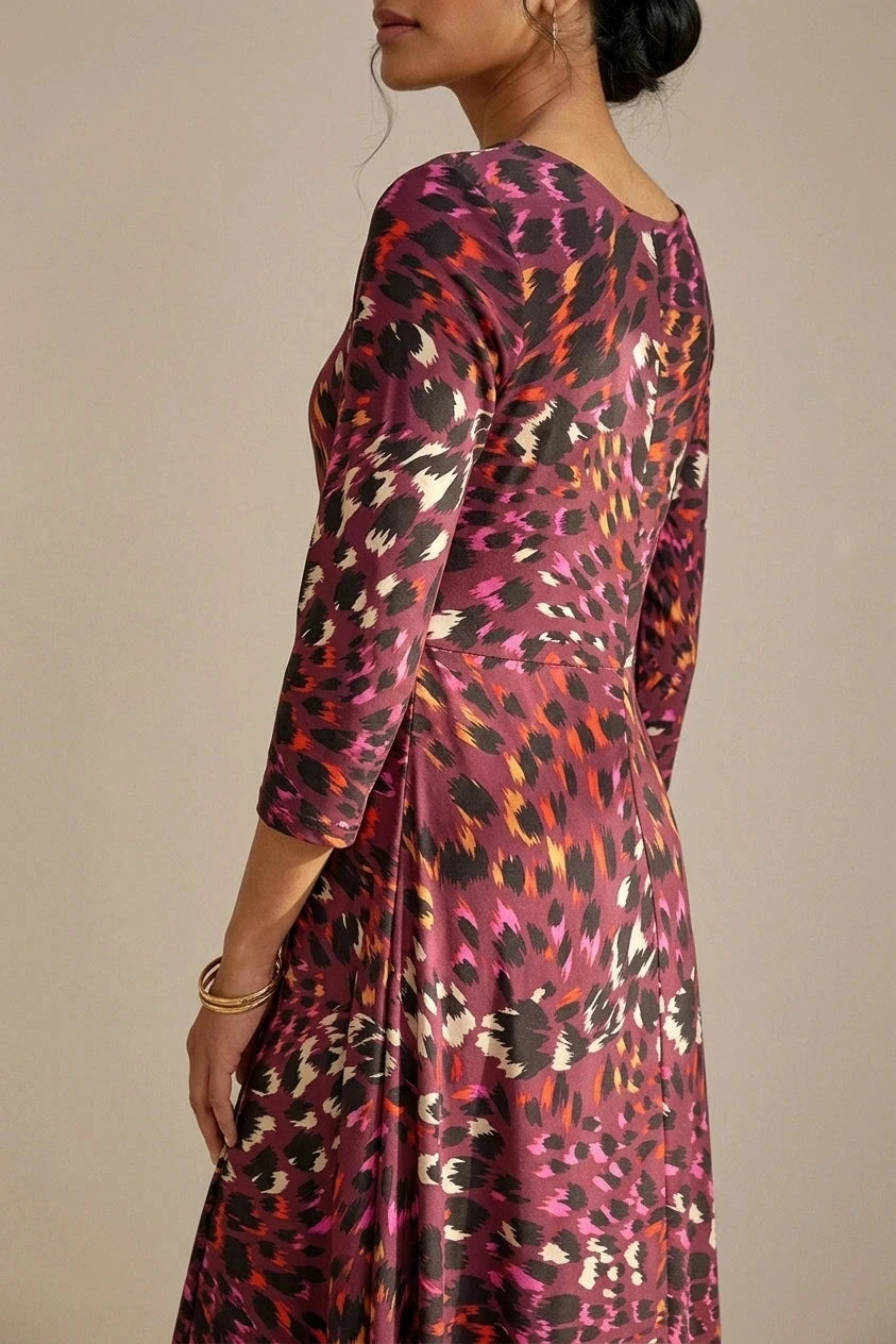 Animal Print Hanky Hem Jersey Dress 3/4 Sleeve Asymmetric Midi