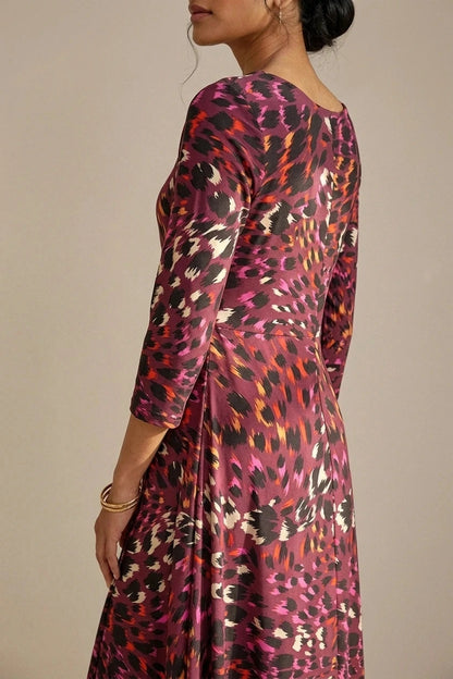 Animal Print Hanky Hem Jersey Dress 3/4 Sleeve Asymmetric Midi