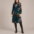 Floral High Neck Midi Dress With Long Sleeves And A-Line Skirt