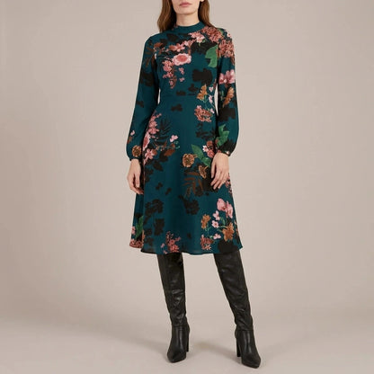 Floral High Neck Midi Dress With Long Sleeves And A-Line Skirt