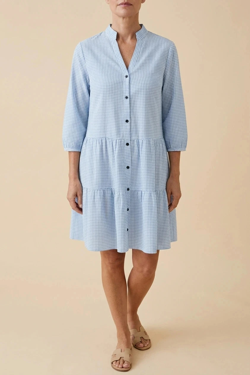 Button Front Gingham Tiered Dress With V Neck And Three-Quarter Sleeves