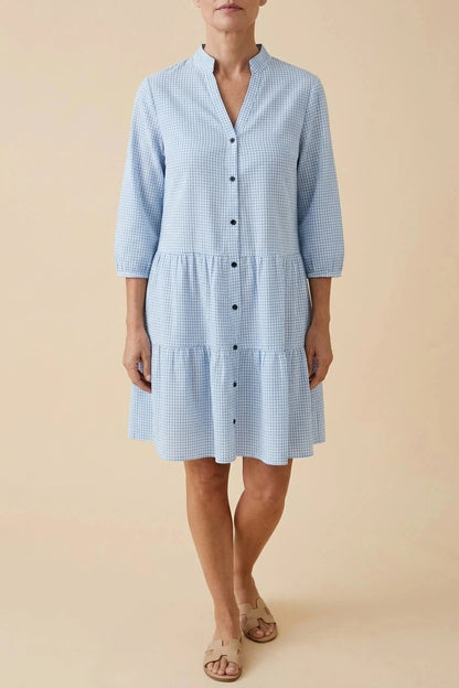 Button Front Gingham Tiered Dress With V Neck And Three-Quarter Sleeves