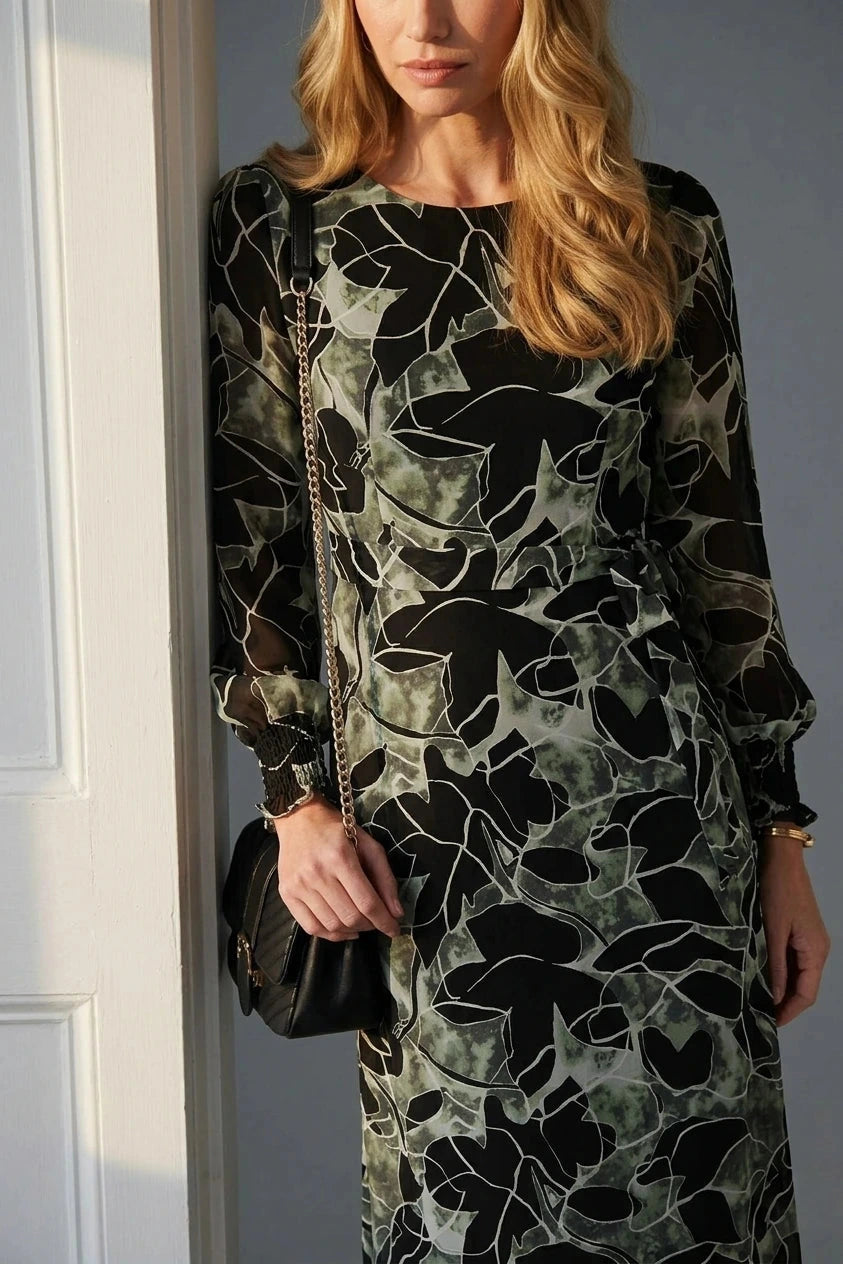 Abstract Long Sleeve Layered Maxi Dress With Sheer Sleeves And Tie Waist