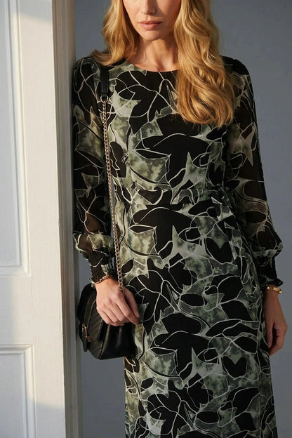 Abstract Long Sleeve Layered Maxi Dress With Sheer Sleeves And Tie Waist