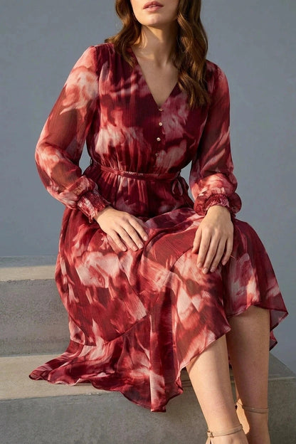 Abstract Floral Semi Sheer Midi Dress V-Neck Tie Waist Long Sleeves