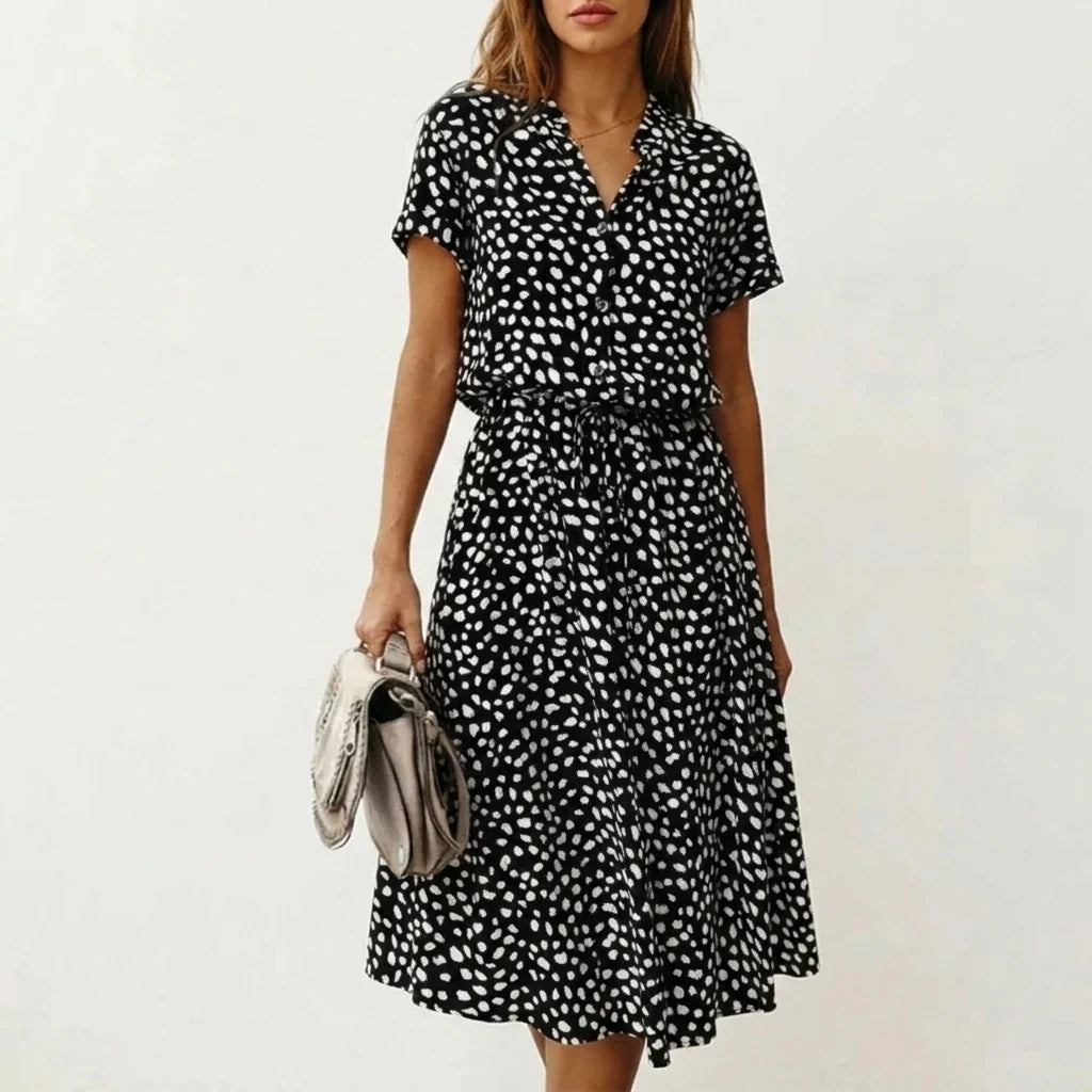 Women's Midi Dress with Button Front and Drawstring Waist — variant_front