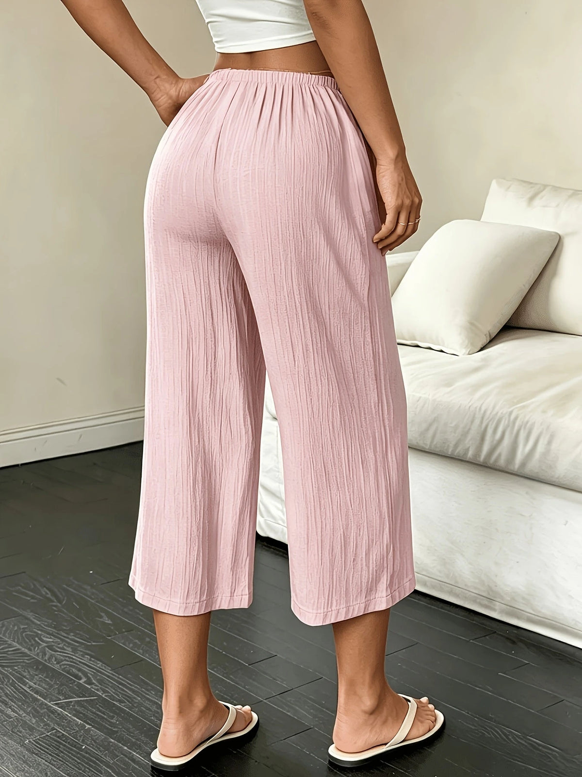 Beach Vacation Style Summer Women's Straight-Leg Trousers, Solid Color Drawstring Casual Summer Capri Pants for Women