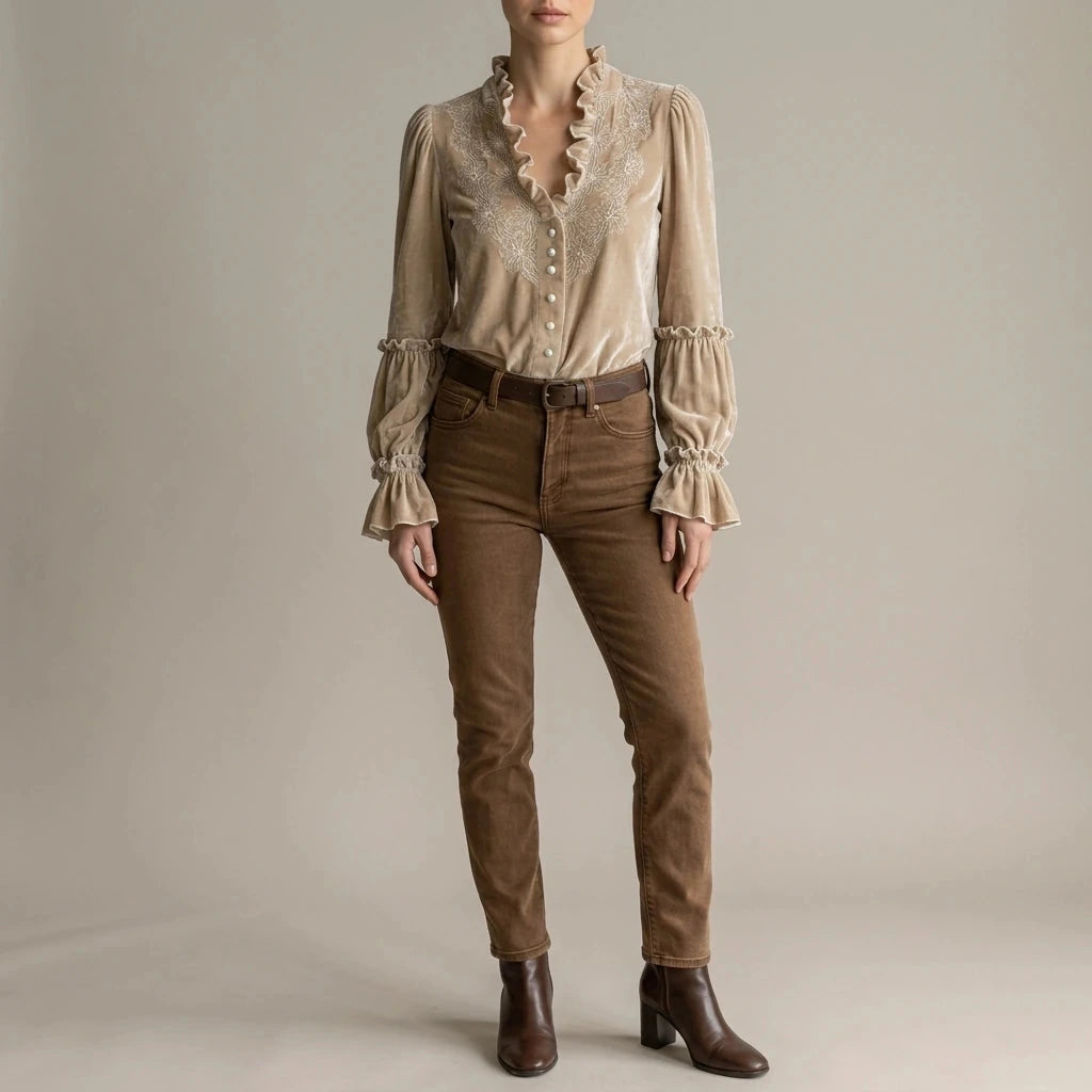 Embroidered Velvet Blouse Lace-Trimmed Romantic Floral Statement Top