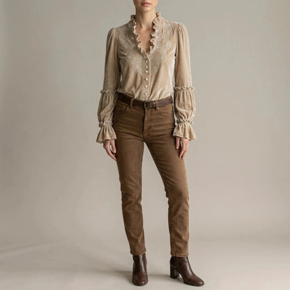 Embroidered Velvet Blouse Lace-Trimmed Romantic Floral Statement Top
