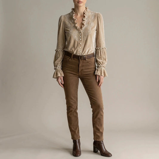 Embroidered Velvet Blouse Lace-Trimmed Romantic Floral Statement Top