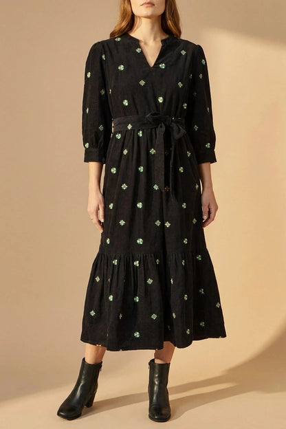 Flower Embroidery Cord Midi Dress with Tie Waist and Puff Sleeves