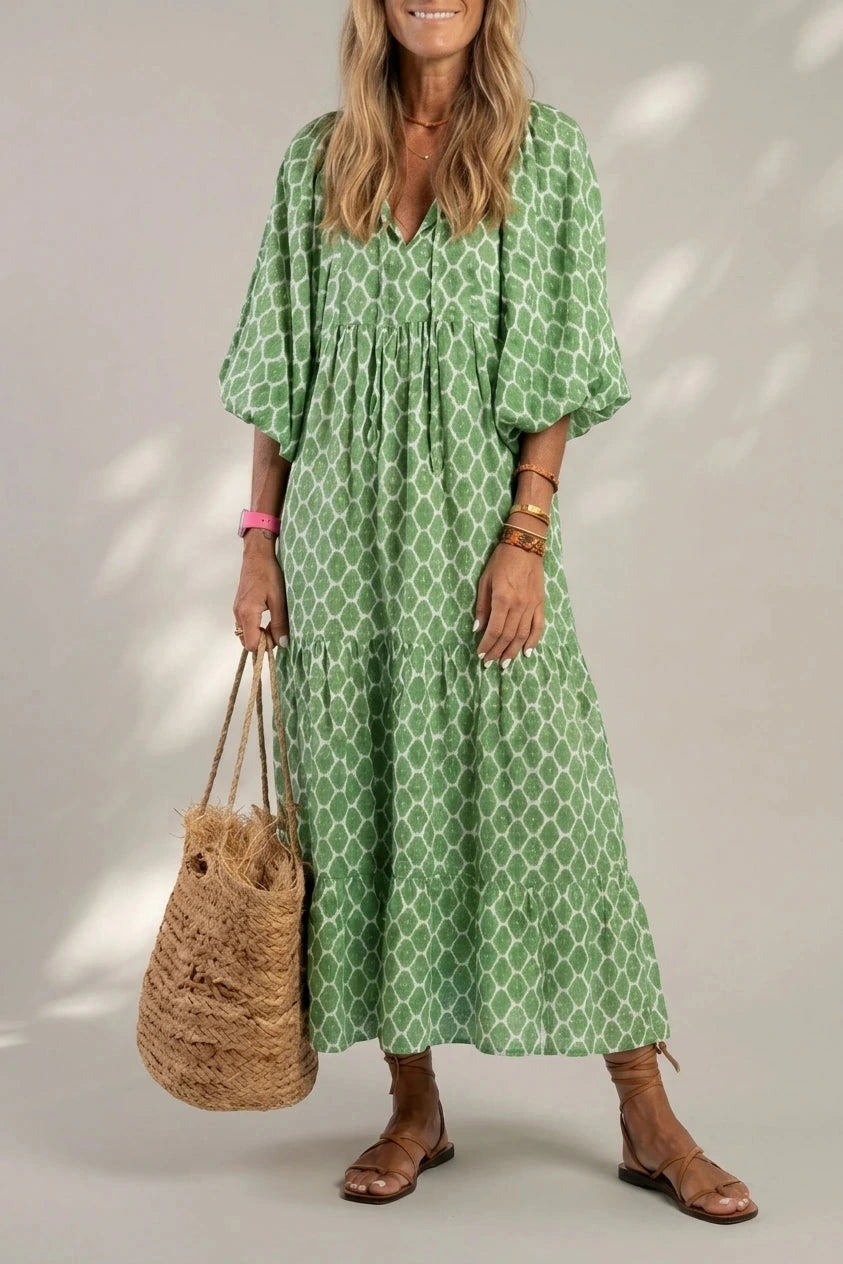 V Neck Tiered Maxi Smock Dress With Balloon Sleeves