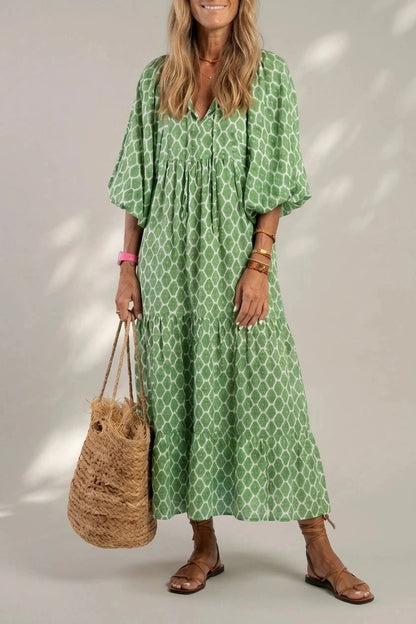 V Neck Tiered Maxi Smock Dress With Balloon Sleeves