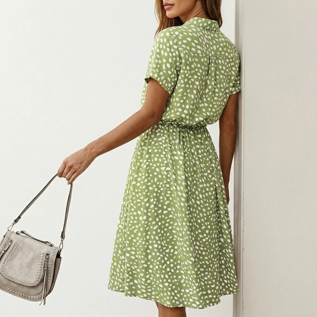Women's Midi Dress with Button Front and Drawstring Waist — variant_front