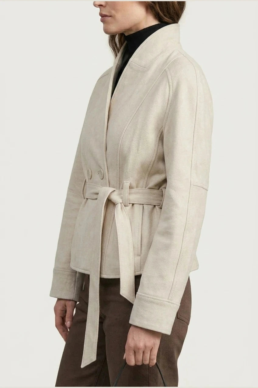 Cropped Double-Breasted Wool Jacket With Belted Waist And High Collar