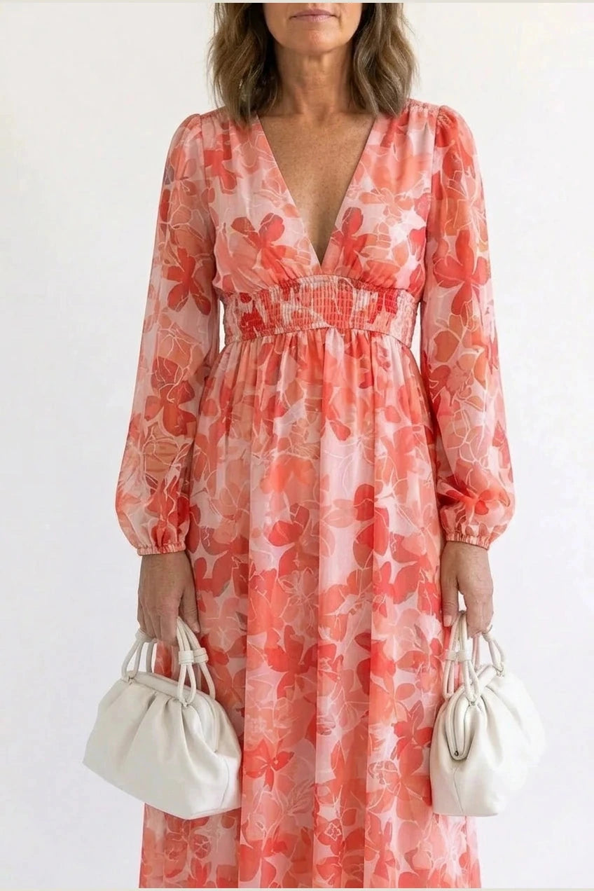 Printed Long Sleeve V-Neck Maxi Dress With Smocked Waist
