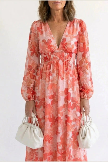 Printed Long Sleeve V-Neck Maxi Dress With Smocked Waist