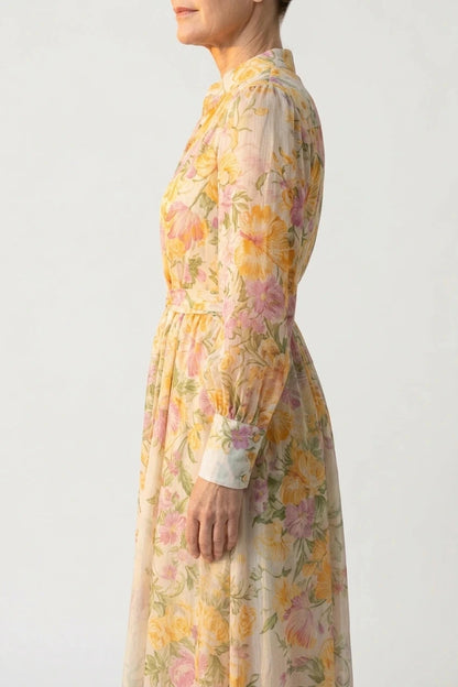 Floral Sheer Long Sleeve Maxi Dress With Tie Waist Button Front