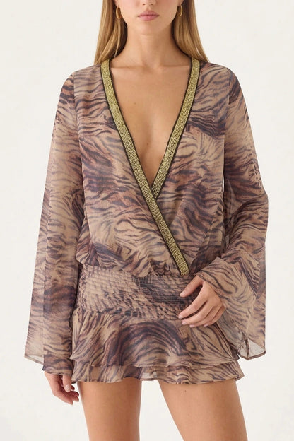 Plunge V Neck Animal Print Mini Dress With Beaded Trim