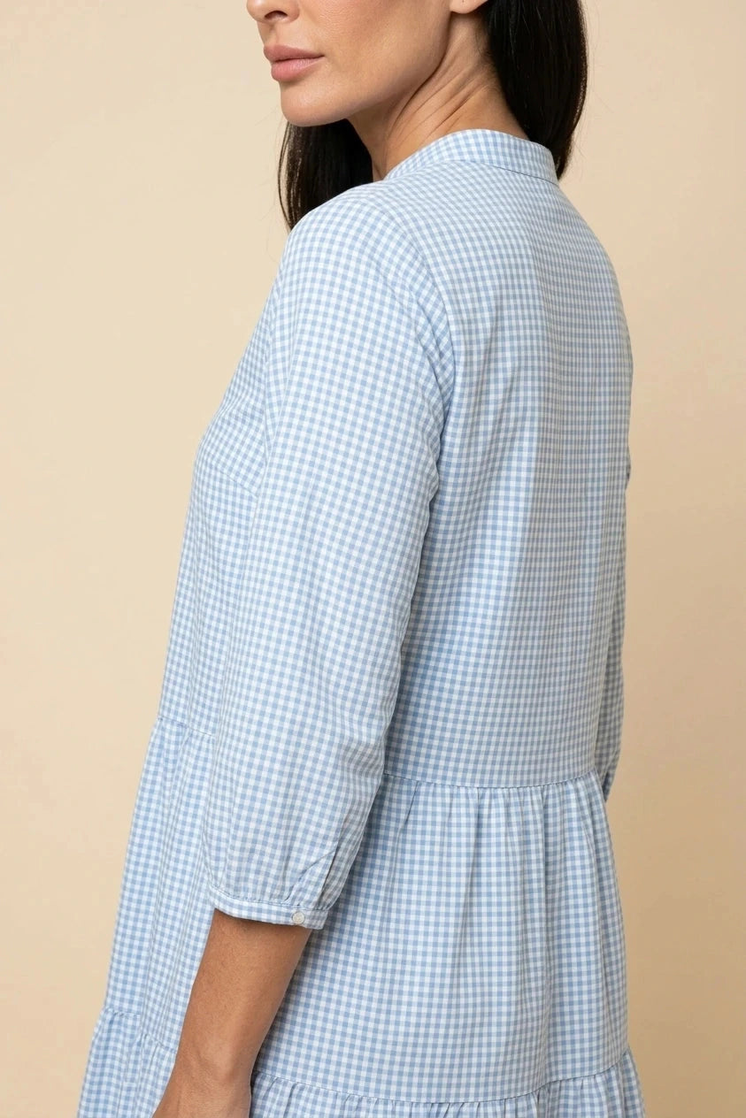 Button Front Gingham Tiered Dress With V Neck And Three-Quarter Sleeves