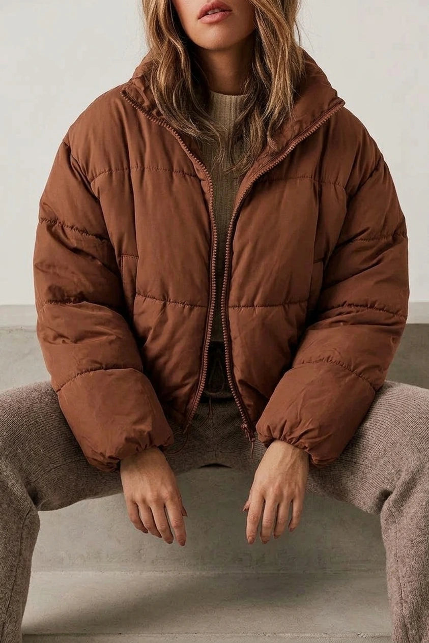 Cropped Puffer Jacket with Stand Collar and Drawcord Hem — variant_front