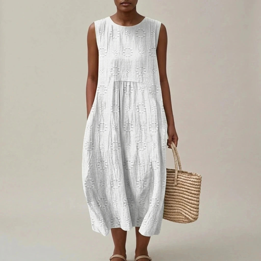 Sleeveless Elegant Midi Dress With Pockets And Floral Embroidery