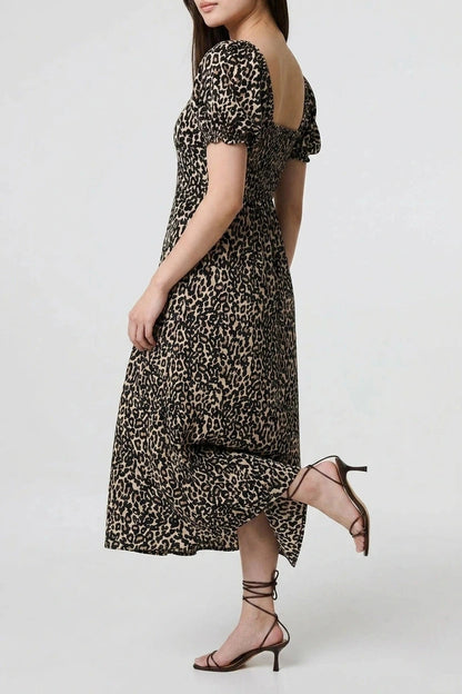 Animal Print Short Puff Sleeve Maxi Dress With V Neck And Pockets