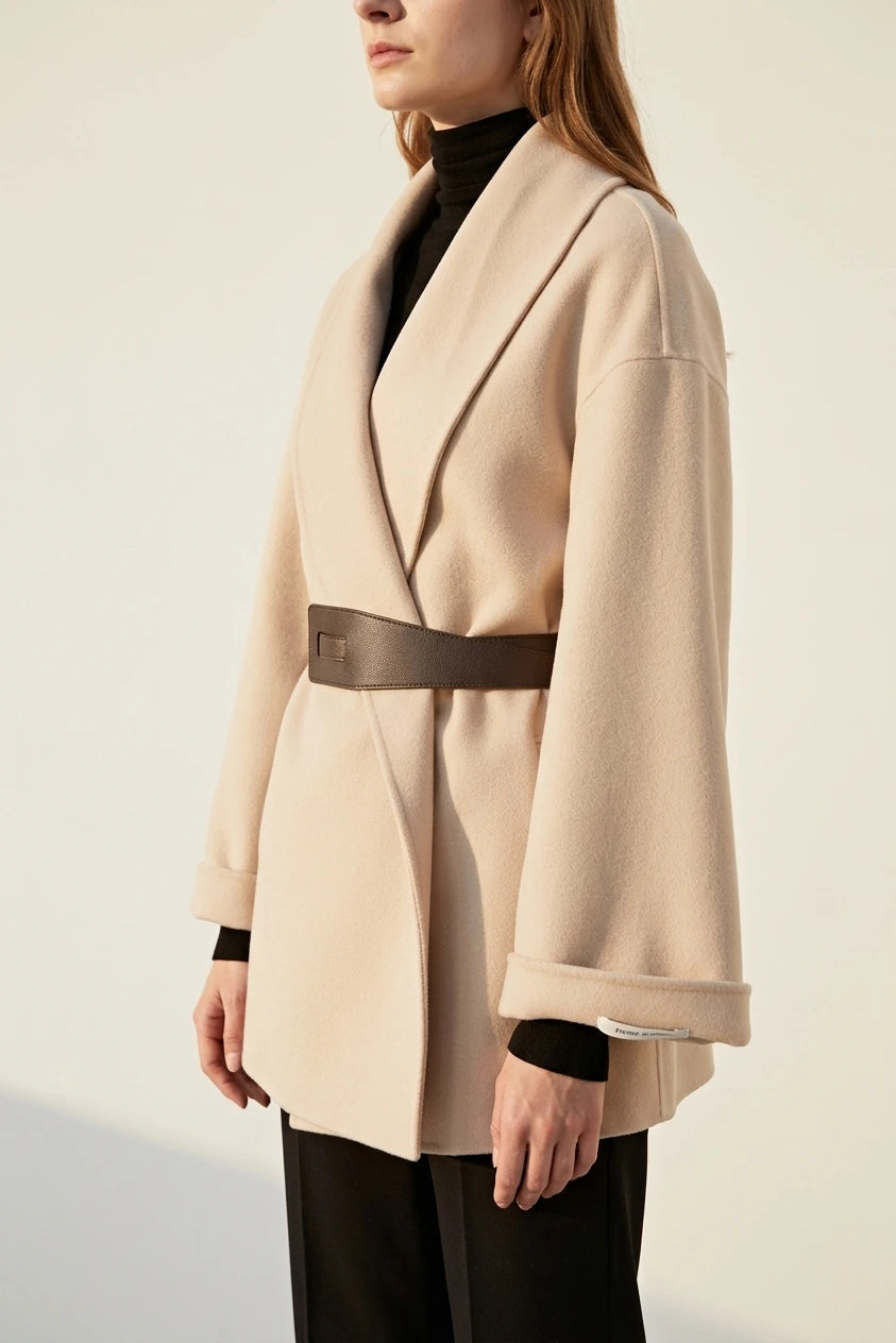 Women's Wrap Coat with Wide Lapel Collar and Tie Belt — variant_front