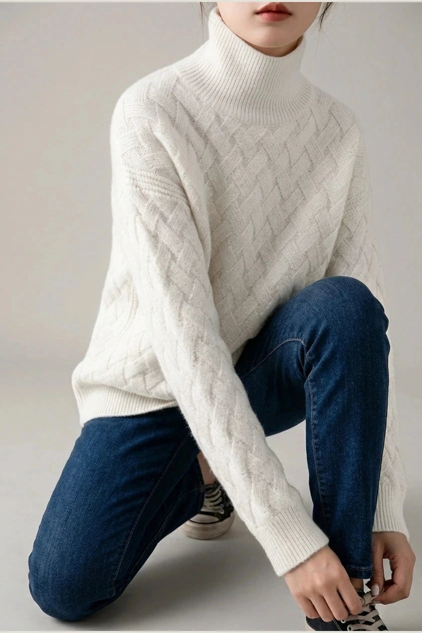 Cozy Oversized Turtleneck Sweater Cable Knit Chunky Jumper Relaxed Long Sleeve
