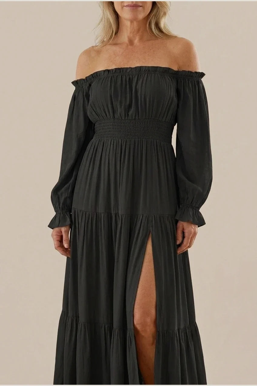 Aveline | Off Shoulder Long Sleeve Smocked Maxi Dress — variant_front