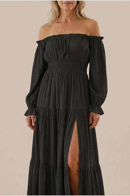Aveline | Off Shoulder Long Sleeve Smocked Maxi Dress — variant_front