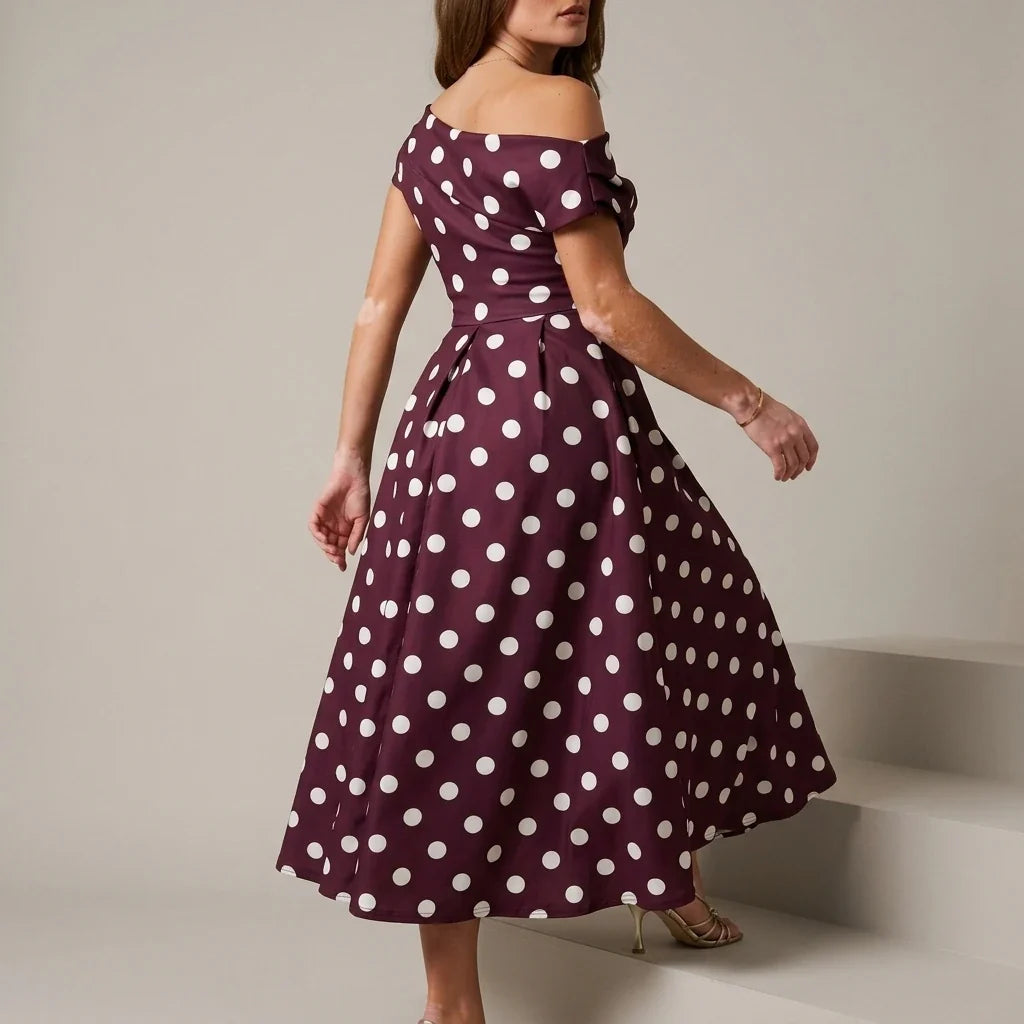 Betty Asymmetric Neckline Skater Midi Berry Polka — variant_front