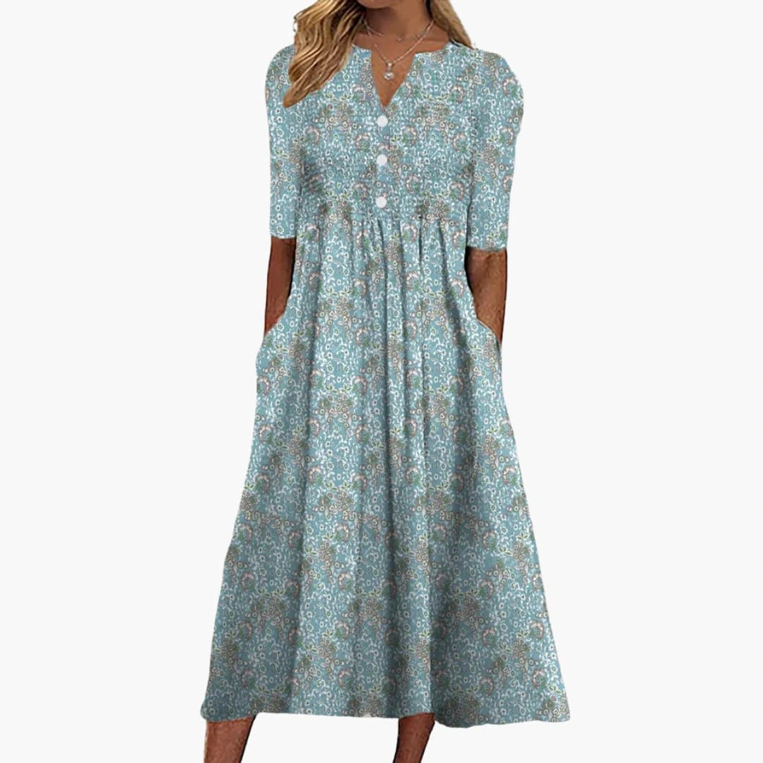 Women's Midi Dress with Floral Print and Buttoned Front